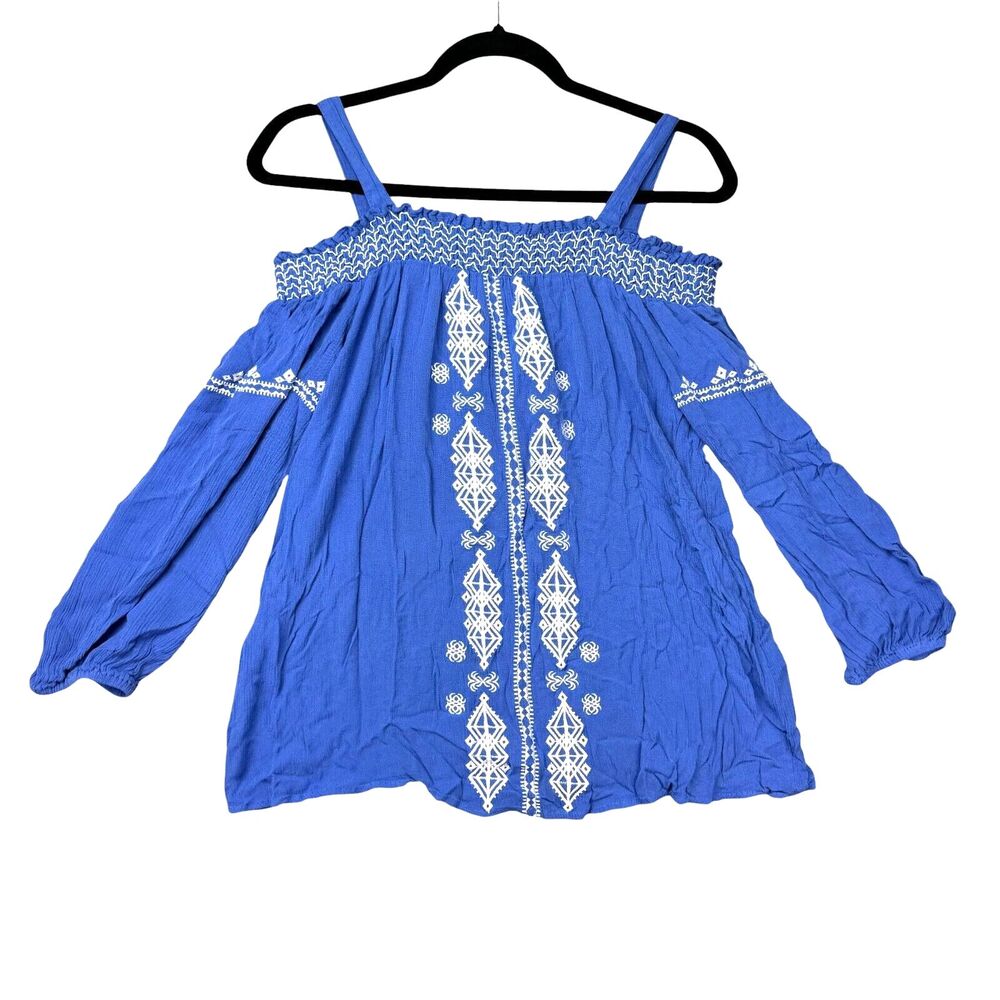 Chicos Top Women's 2 Petite Blue Cold Shoulder Embroidered Long Sleeve Stretch